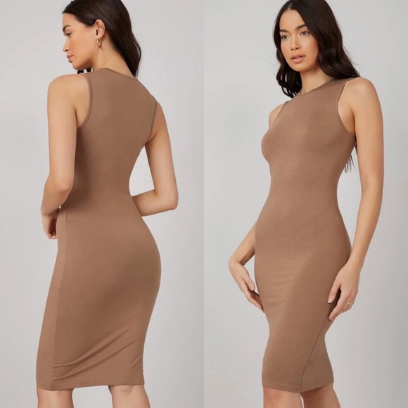 Dresses & Skirts - Minimalist high neck bodycon midi dress mocha tan